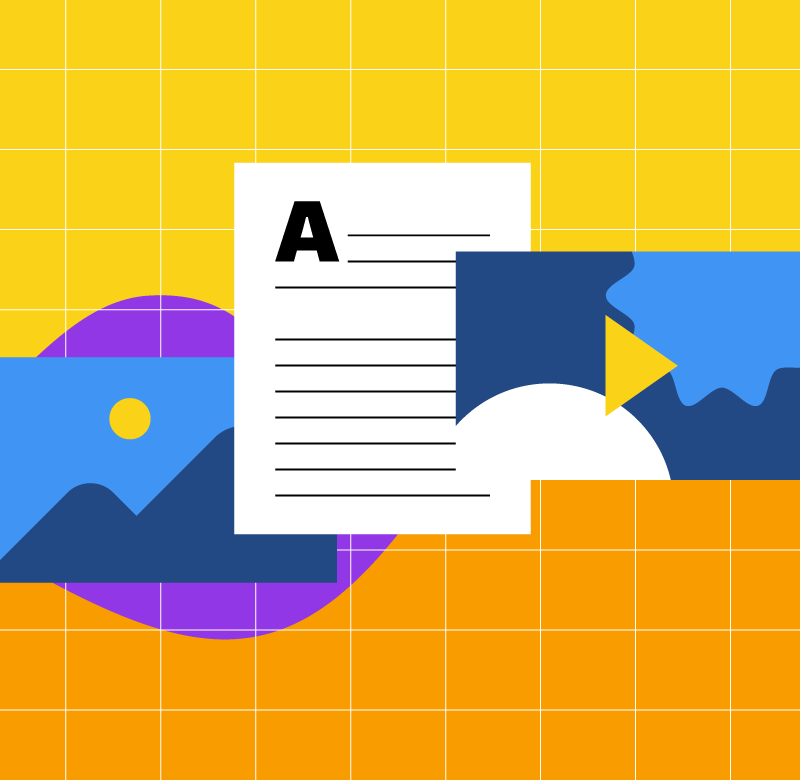 illustration of a photo icon a video player and a text editor for how to choose the best content marketing software